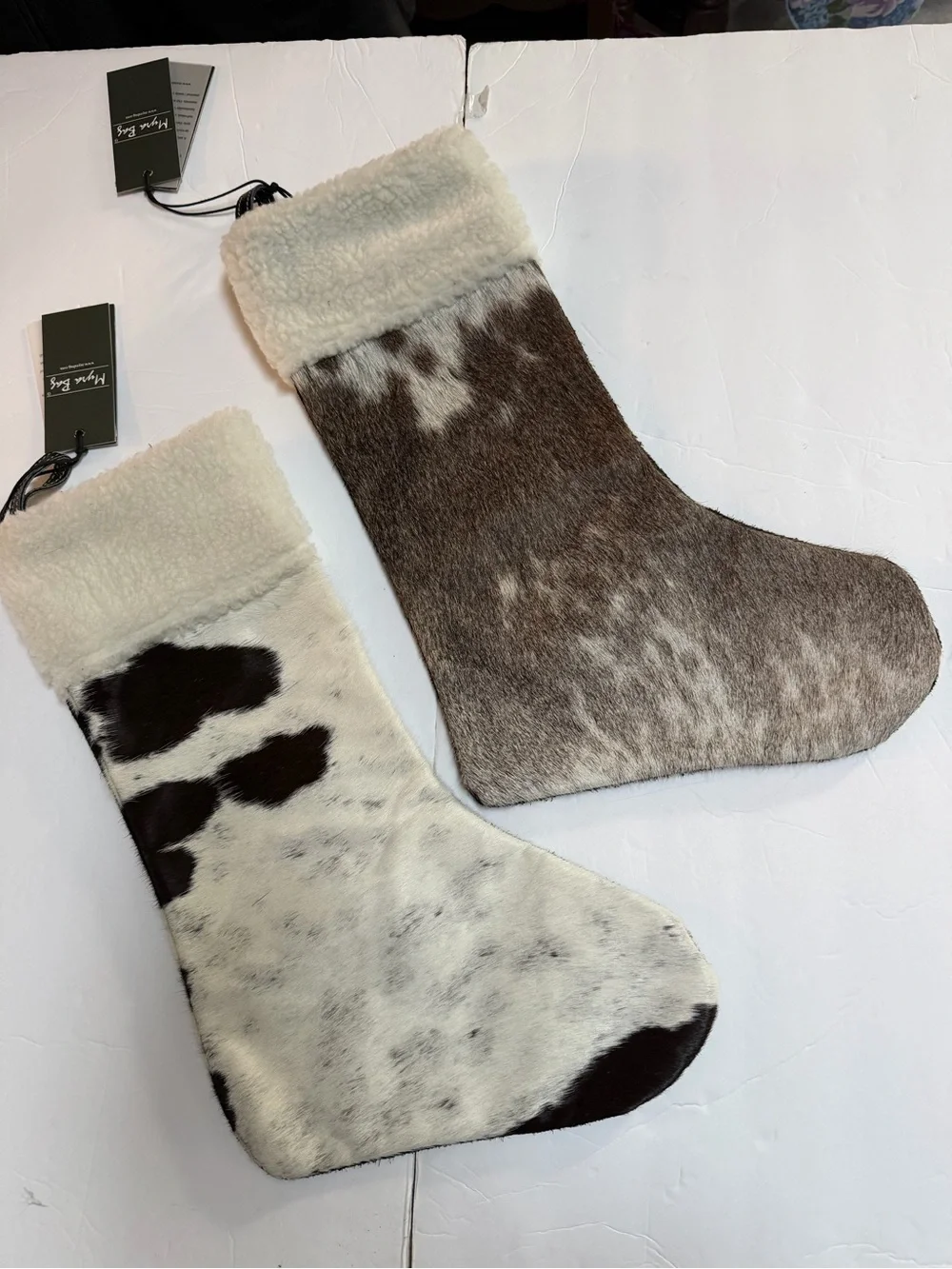 Pair Cowhide Fur Christmas Stockings - Neutral Brown & White
